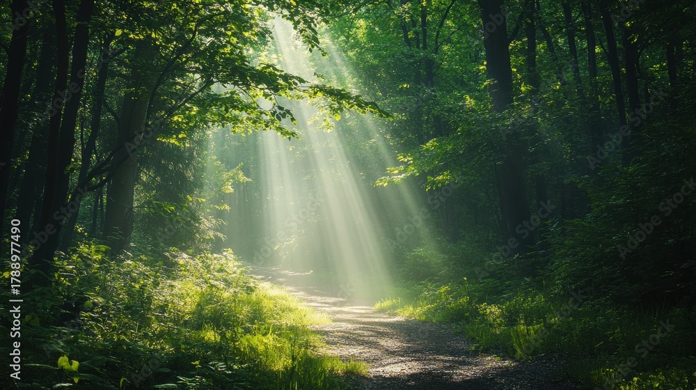 Fototapeta premium Sunlight Rays Filtering Through Lush Green Forest with Sunbeam Illumination on Pathway