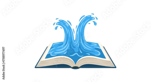 Creative Concept Open Book with Flowing Water, Symbolizing Knowledge, Education, and Inspiration - Digital Art