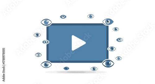 Many eyes watching a video player screen, an icon representing the concept of online viewership, digital streaming, and audience analytics for social media