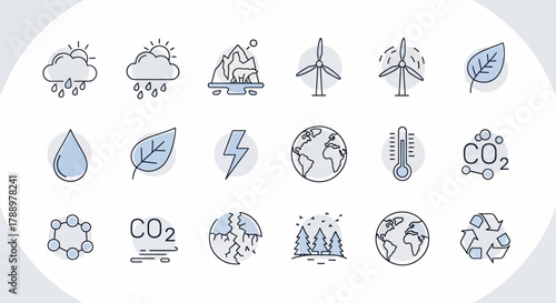 Collection of Environmental Icons Representing Nature and Sustainability.