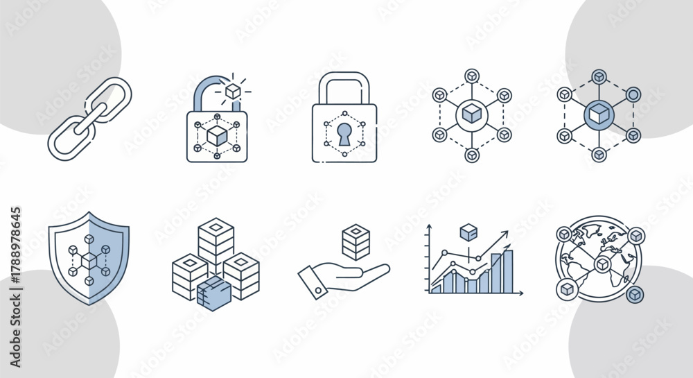 Fototapeta premium Blockchain Technology and Network Security Icons Set.