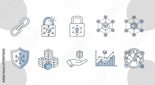 Blockchain Technology and Network Security Icons Set.