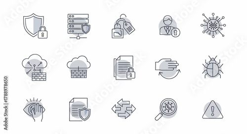 Cybersecurity Icons Set Representing Digital Protection and Security Measures.