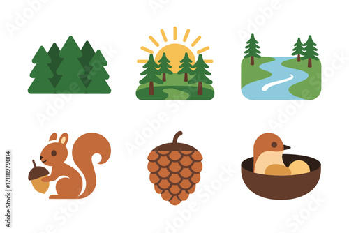Flat vector icons for wildlife and forest nature, featuring squirrel, nest, pine cone, trees, river, and sunrise.