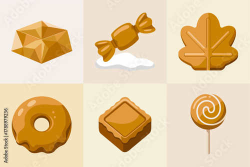 Modern flat color vector icons for autumn desserts, showing donut, wrapped candy, lollipop, and maple leaf,