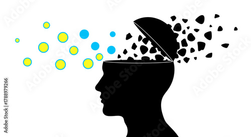 Conceptual illustration of a mind in transformation, with an open head losing fragmented memories while gaining new colorful ideas. A metaphor for creativity, mental health, and personal growth