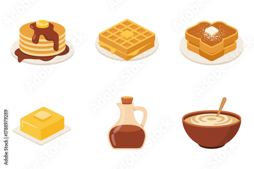 Outline icons for classic autumn breakfast, representing pancakes, waffles, butter, syrup pitcher, and porridge bowl,