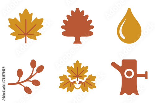 Flat vector illustration set for autumn and harvest, featuring maple leaves, tree, branch, and sweet golden syrup drop, seasonal celebration.