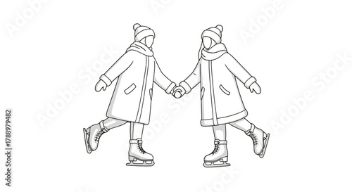 Playful monochrome illustration showcasing two figures enjoying a delightful ice skating experience, embodying friendship, winter recreation, and the joy of shared activities
