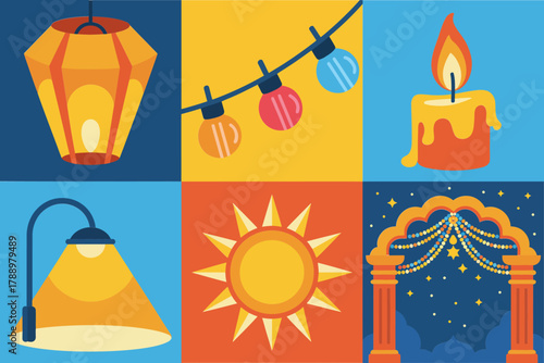Flat vector icon set for festival and celebration events, featuring glowing lantern, burning candle, decorative archway, street lamp, and rising sun symbol.