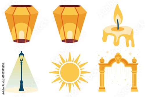 Colored outline vector icons for festival celebrations, illustrating traditional lantern, burning candle, sunny archway, street lamp, and holiday event symbols.