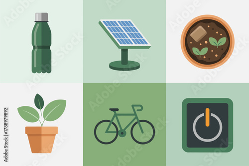 Colored outline vector icons for ecology and environment, featuring renewable solar energy, growing plant, recycling bottle, bicycle transport, and power symbol.
