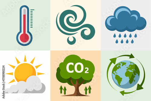 Colored outline vector icons for climate change and weather, featuring thermometer, rain, wind, sun, tree, CO2 emission, and earth recycling symbols.