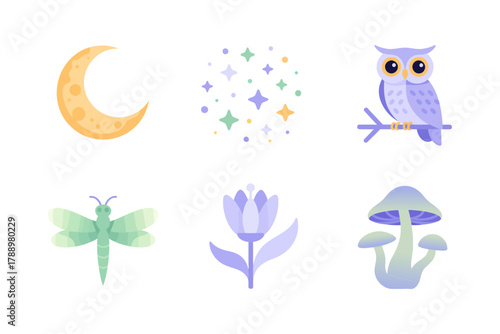 Flat vector icon set for night nature and nocturnal life, illustrating crescent moon, stars, owl, dragonfly, mushroom, and forest symbols.