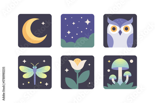 Flat vector icons on dark background for night nature, showing crescent moon, stars, owl, butterfly, mushroom, and forest symbols, nocturnal environment.