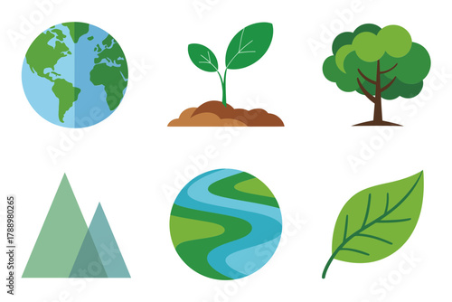 Flat vector icon set for nature and environment, illustrating earth globe, growing plant, tree, mountain, flowing river, and green leaf symbol.