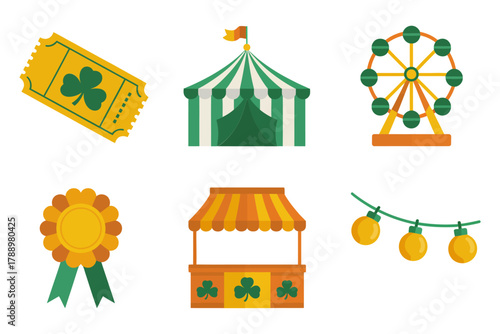 Flat vector icon set for carnival and fair, featuring admission ticket, circus tent, ferris wheel, food stall, ribbon badge, and decorative lights.