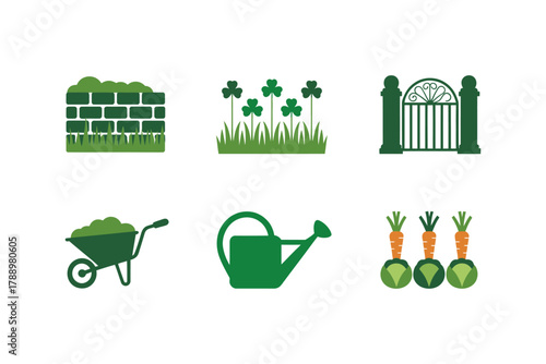 Flat vector icon set for gardening and outdoor work, illustrating stone wall, gate, shamrock, wheelbarrow, watering can, and planted carrots.