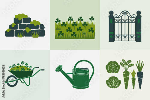 Colored outline vector icons for garden tools and plants, illustrating wheelbarrow, watering can, shamrock, green plants, and garden gate.