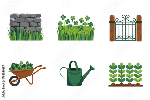 Flat vector icon set for gardening and outdoor work, illustrating stone wall, gate, wheelbarrow, watering can, planted seedlings, and green plants.