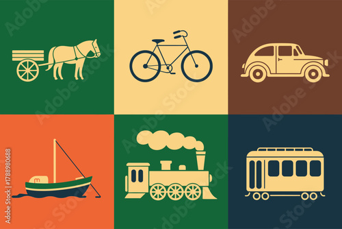 Flat vector icons for transportation and vintage vehicles, featuring horse drawn cart, bicycle, old car, sailboat, and classic steam train.