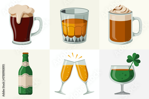 Flat vector icon set for beverages and celebration, illustrating beer mugs, champagne bottle, wine glass, and festive clover symbol.