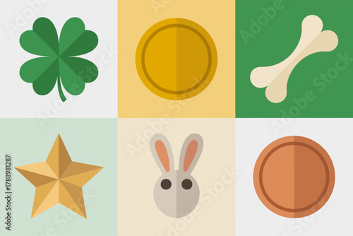 Flat vector icon set for luck and celebration, featuring four leaf clover, gold coin, star, lucky rabbit, bone, and traditional symbols.