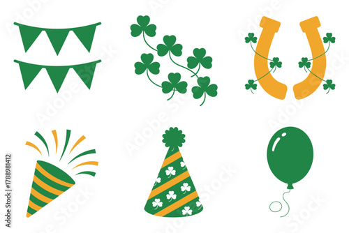 Flat vector icon set for party and festival, featuring decorative banners, lucky horseshoe, confetti popper, party hat, and celebration balloon.