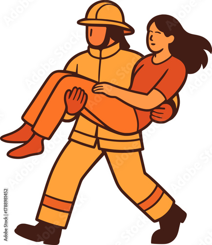 Firefighter carrying rescued person from fire, bold outline, warm tones vector