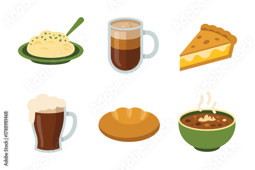 Flat vector icon set for traditional Irish food, illustrating savory stew, dark beer, slice of pie, bread, and hot beverage.