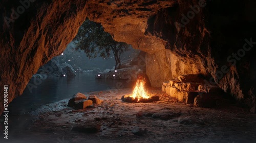 a campfire for lighting inside the cave at night is very beautiful. seamless looping time-lapse virtual 4k video Animation Background.	