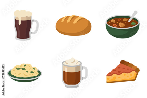 Colored outline vector icons for traditional Irish food, showing savory stew, dark beer, slice of pie, bread, and hot beverage cup.