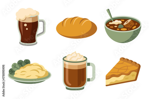 Stylized flat vector icons for traditional Irish meal, featuring savory stew, dark beer, slice of pie, bread, and hot whipped drink.