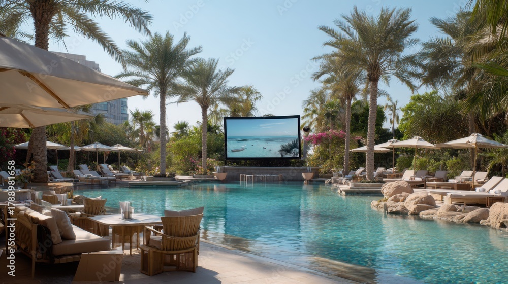Fototapeta premium Guests relax by the serene pool surrounded by palm trees and lounge chairs while a large screen displays a calming ocean scene in the afternoon sun.