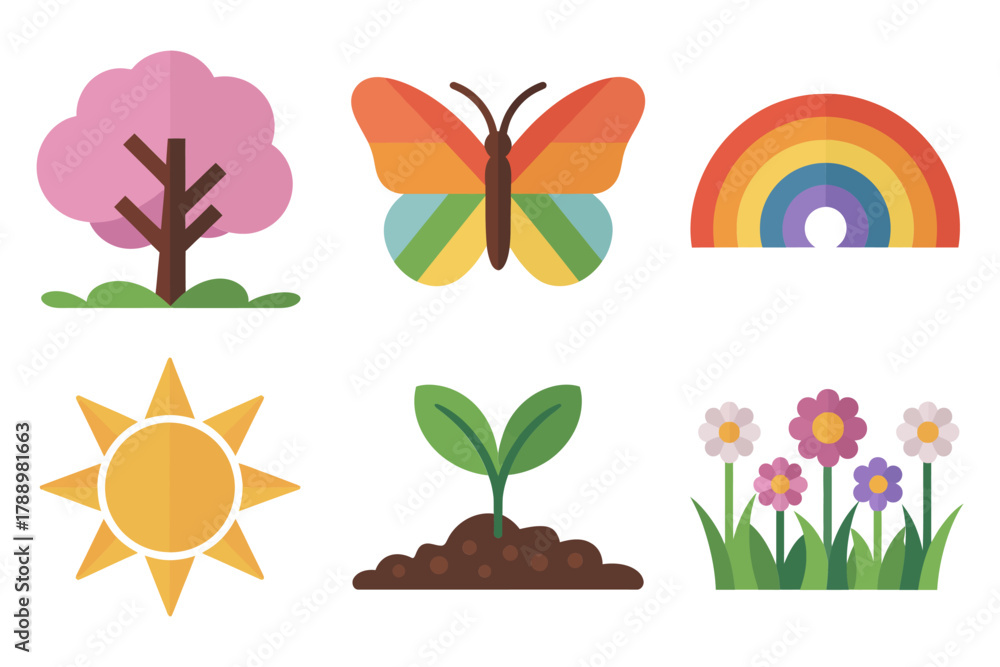 Fototapeta premium Stylized flat vector icons for nature and seasons, showing butterfly, rainbow, sun, growing plant, flower, and natural environment.