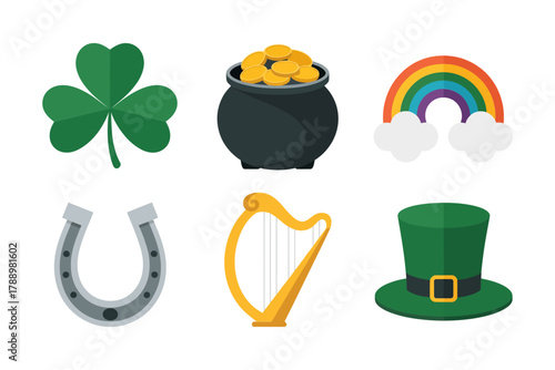 Stylized flat vector icons for Irish luck symbols, featuring shamrock clover, pot of gold, lucky horseshoe, harp, hat, and rainbow.