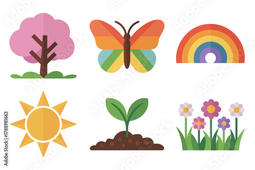 Stylized flat vector icons for nature and seasons, showing butterfly, rainbow, sun, growing plant, flower, and natural environment.