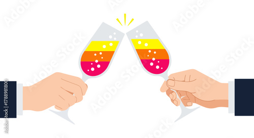 Two Hands Toasting with Colorful Layered Drinks in Champagne Flutes, Symbolizing Festive Celebration and Joyful Occasions