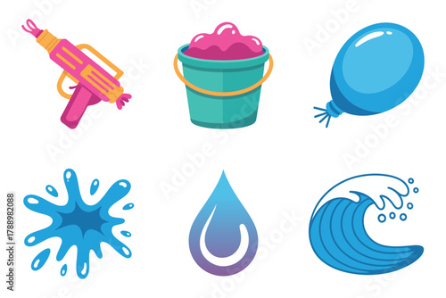 Outline vector icons for Holi water fight, illustrating water gun, bucket, colorful splash, balloon, and festival colors.