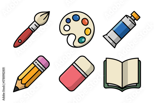 Outline vector icons for art and school supplies, illustrating brush, palette, paint tube, pencil, eraser, and open book.