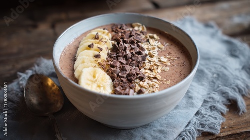 Wallpaper Mural A hearty breakfast bowl filled with a smooth chocolate base topped with banana slices chocolate pieces and oats. The setting features wood and soft textures creating a cozy atmosphere. Torontodigital.ca