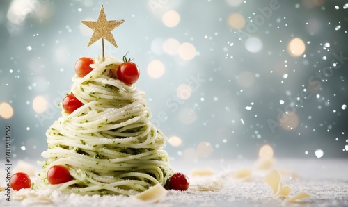 Spaghetti with pesto forming a festive christmas tree shape, decorated with cherry tomatoes and a golden star, with falling snow
