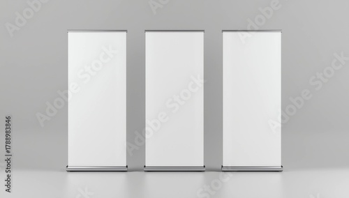 Clear rollup banner design mock up. Empty roller sign board template stand.3d illustration