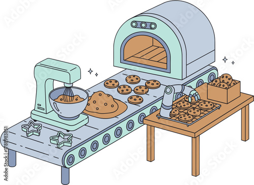 Automated Cookie Baking Factory Line with Oven and Robot