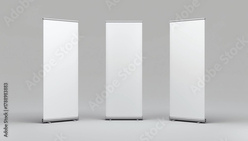 Clear rollup banner design mock up. Empty roller sign board template stand.3d illustration