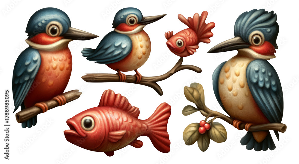 Fototapeta premium Colorful Stylized Birds and Fish Collection on Transparent Background for Art Themes