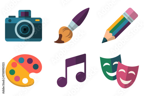 Flat vector icon set for art and creativity, featuring camera, brush, palette, music notes, mask, and pencil symbols.