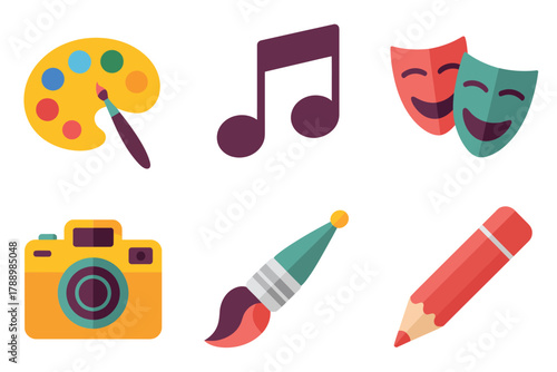Colored outline vector icons for art and creativity, showing camera, brush, palette, music notes, mask, and pencil symbols.