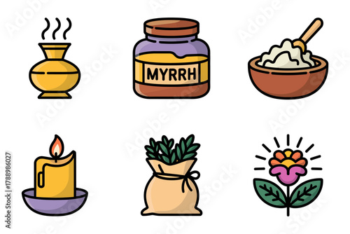 Colored outline vector icons for myrrh and frankincense, showing candle, pot, flower, spice, and aromatic elements.