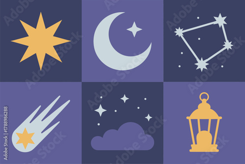 Flat vector icon set for night and astronomy, illustrating star, crescent moon, constellation, comet, and lantern symbols.